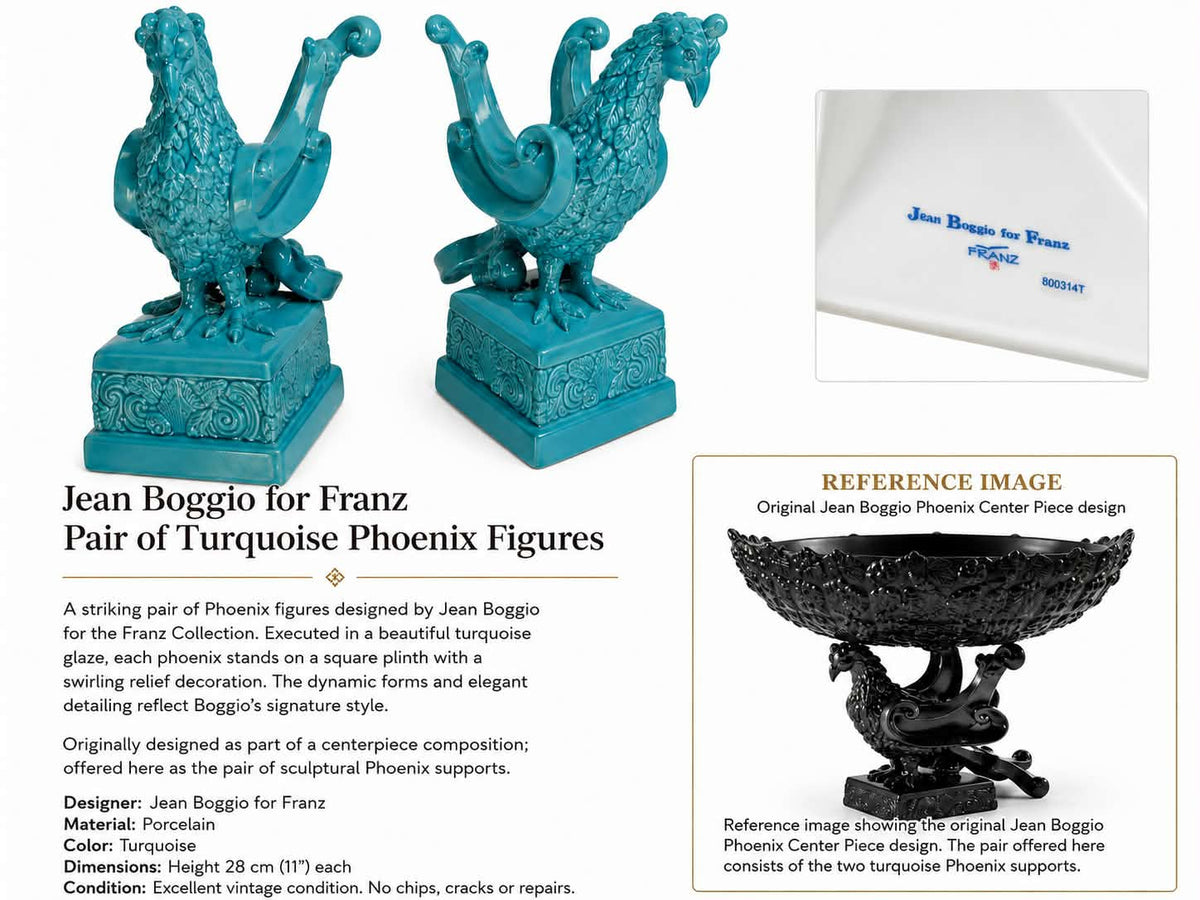 Jean Boggio for Franz Pair of Turquoise Porcelain Phoenix Figures