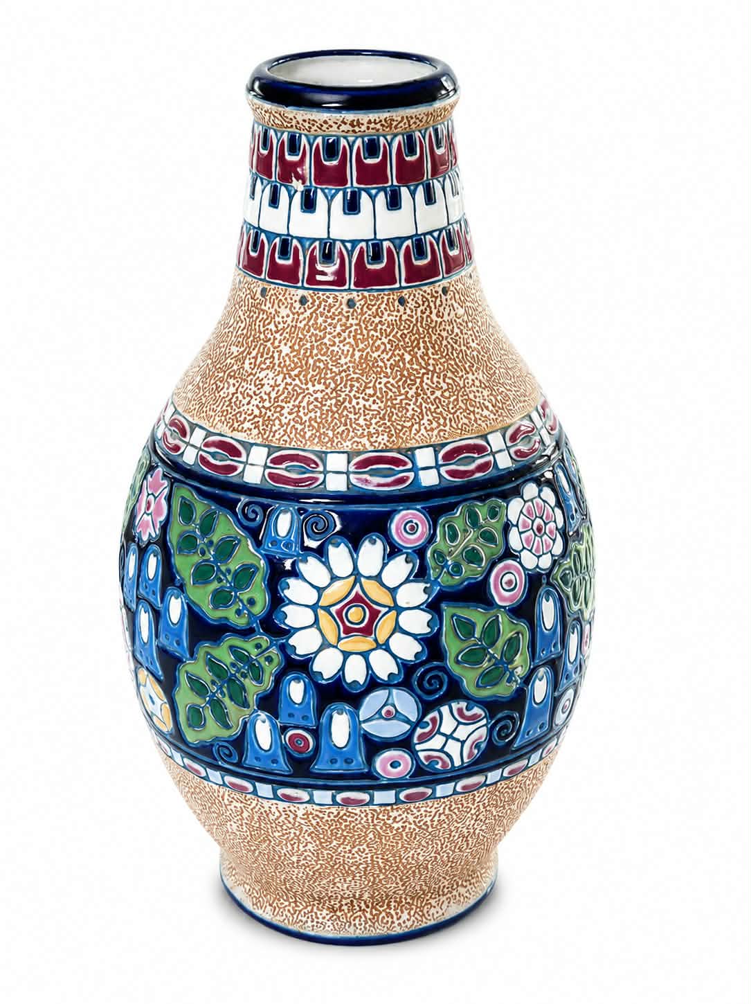Large Bohemia Czech Art Nouveau Amphora Majolica vase  with Bird Motif 46 cm