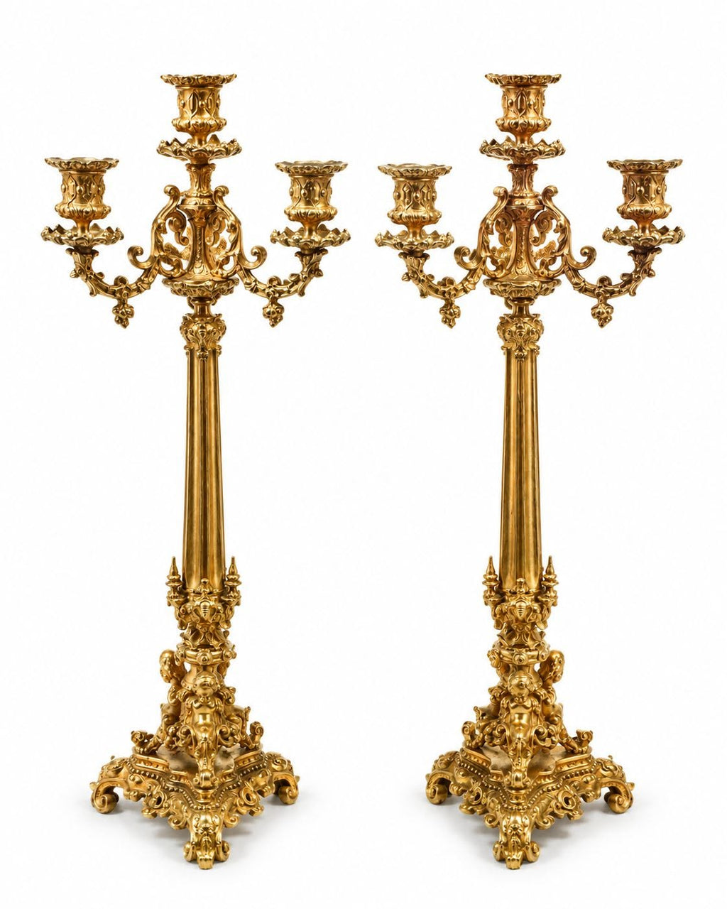 Pair of French Charles X Three-Light Gilt Bronze Candelabra, Early 19th Century