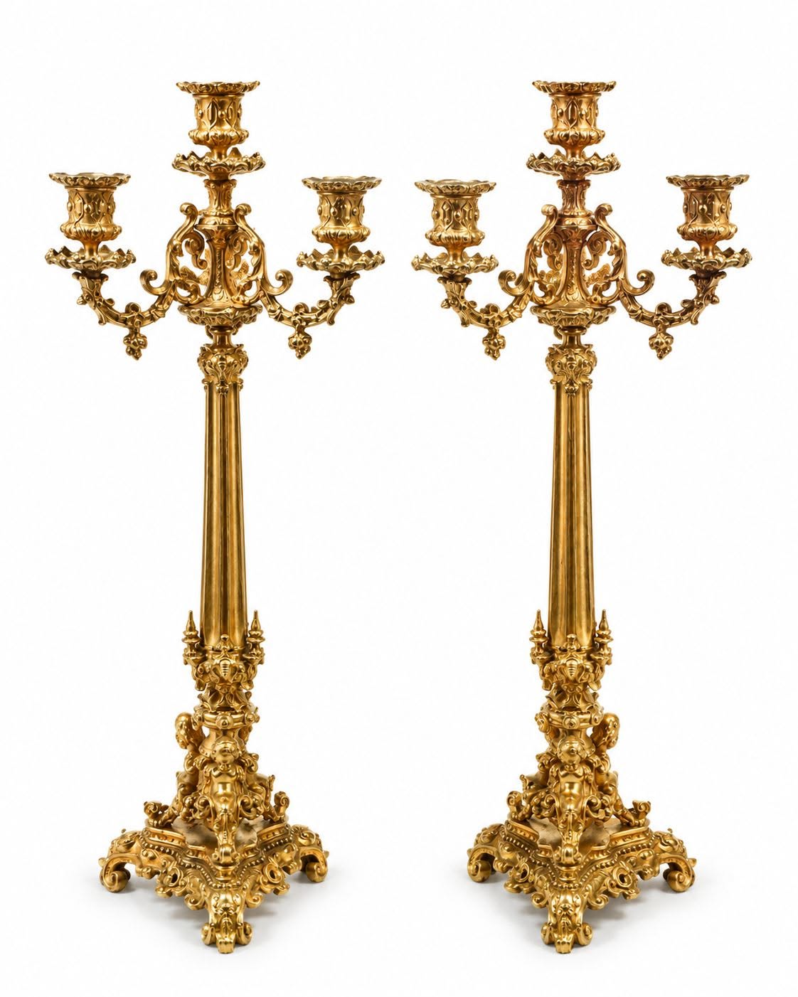 Pair of French Charles X Three-Light Gilt Bronze Candelabra, Early 19th Century