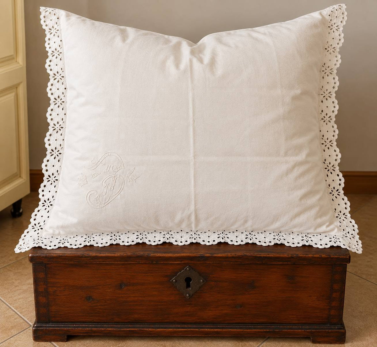 Vintage French Monogrammed Pillowcase with Madeira Embroidery – 1940