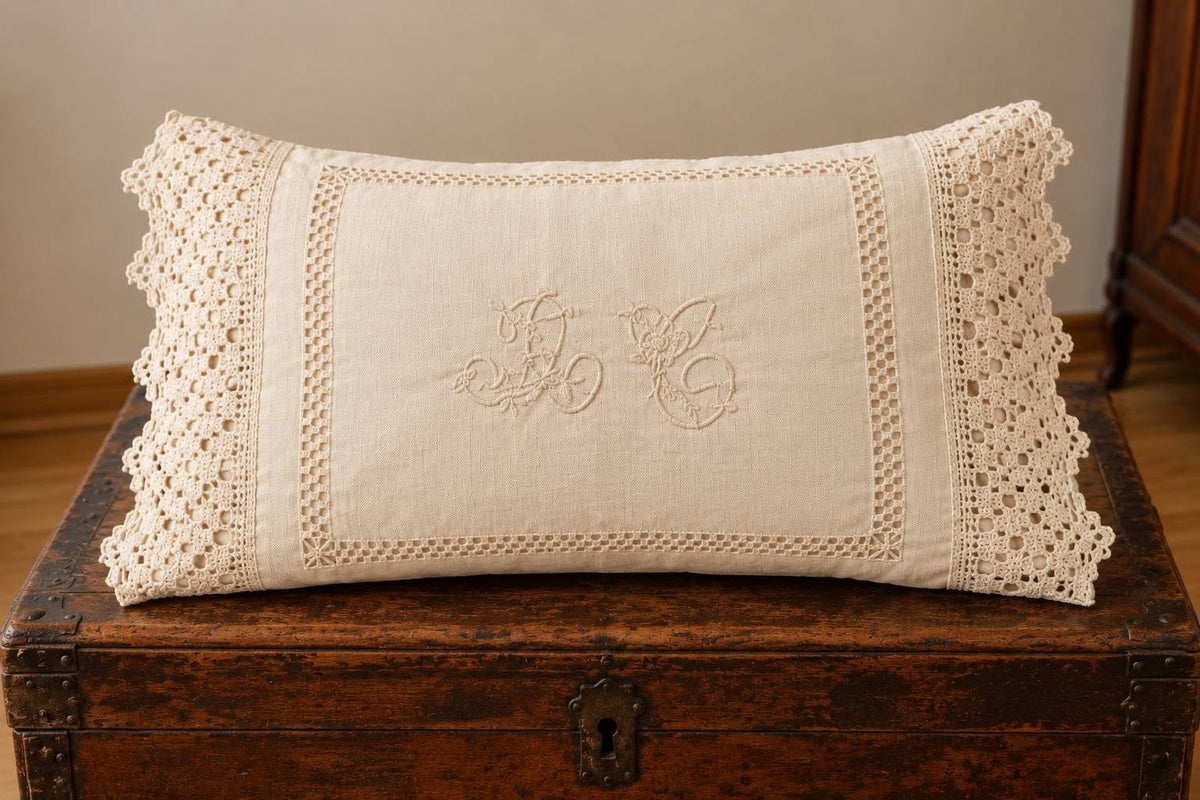 Antique Monogrammed Linen Pillowcase – Circa 100 Years Old