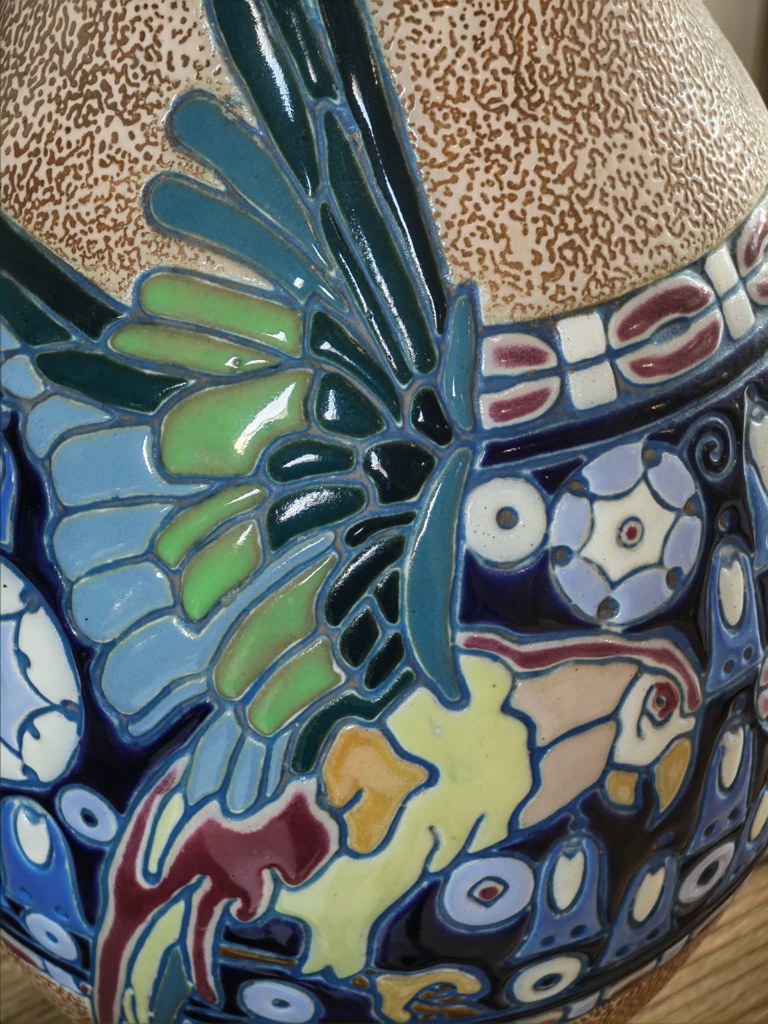 Large Bohemia Czech Art Nouveau Amphora Majolica vase  with Bird Motif 46 cm
