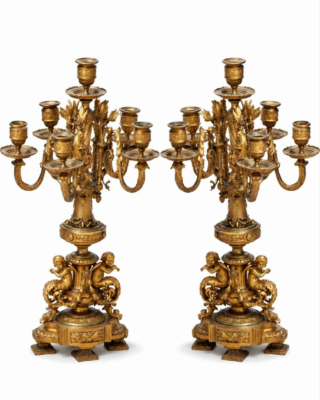 Pair of Monumental 19th-Century French Ormolu and Gilt-Bronze Candelabra with Putti