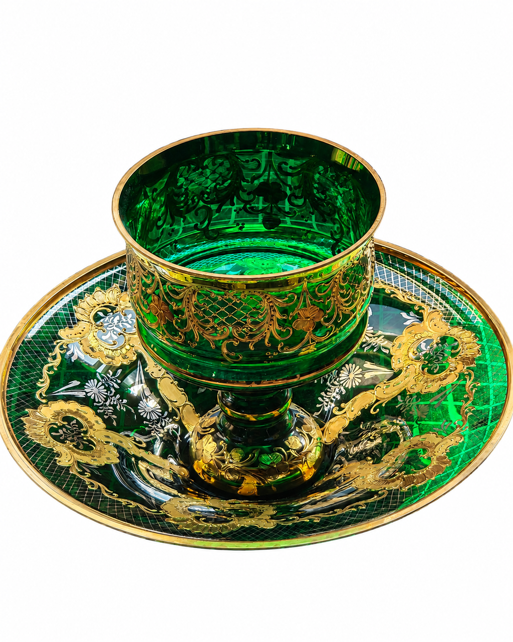 Bohemia Emerald Green Glass Serving Bowl & Footed Compote.
