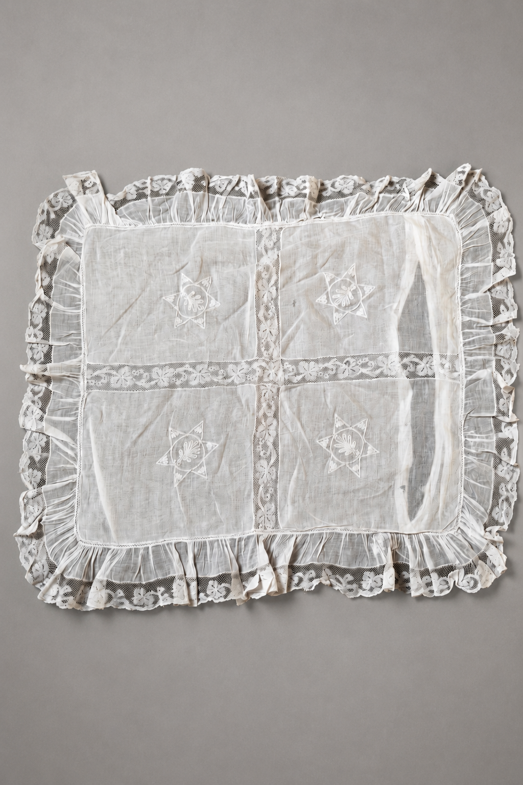 Antique French Small Batiste Pillowcase with Handmade Lace and Embroidery – Late 19th Century.