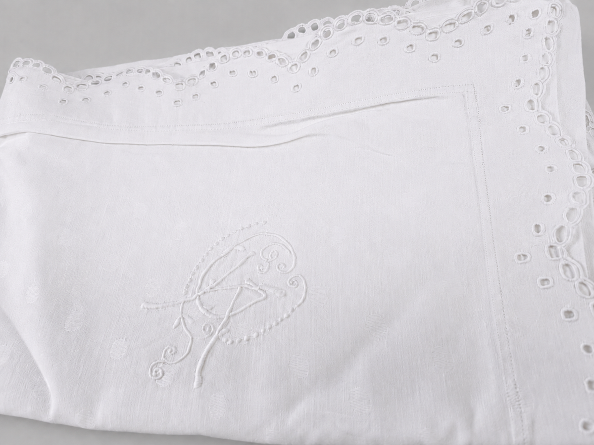 Beautiful Hungarian Country Linen Damask Pillowcase with Madeira Embroidery and Monogram – 90 × 72 cm