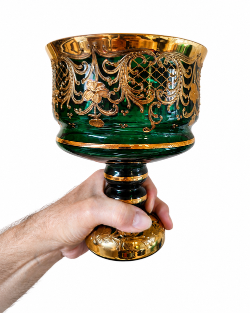 Bohemia Emerald Green Glass Serving Bowl & Footed Compote.