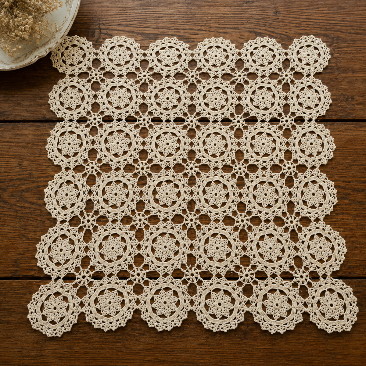 Vintage Ecru Hand-Crocheted Lace Doily – 32 × 32 cm.