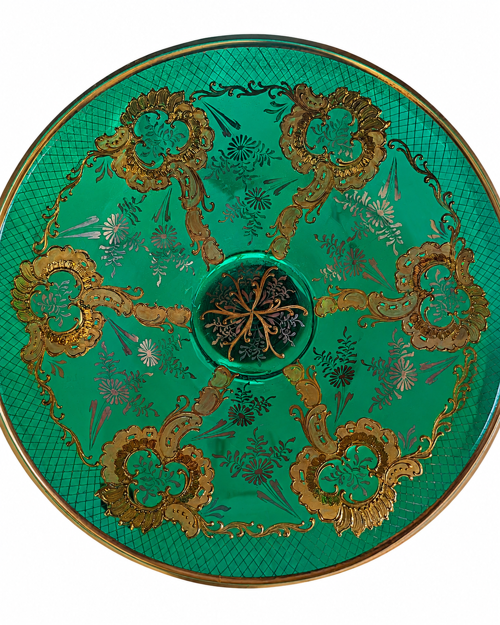 Bohemia Emerald Green Glass Serving Bowl & Footed Compote.