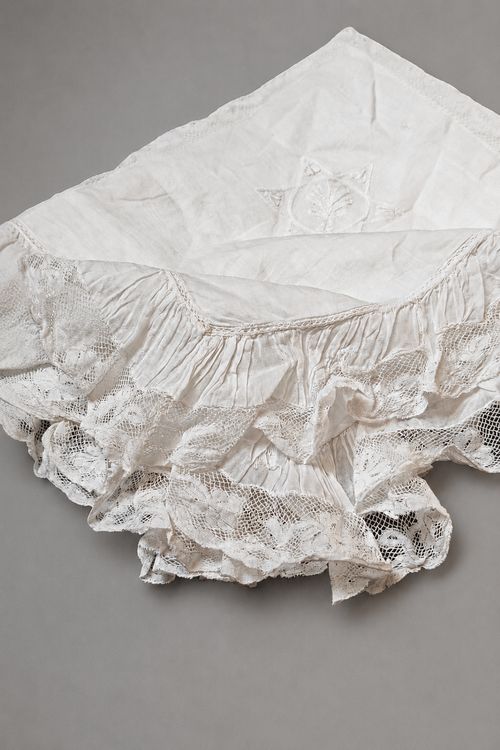 Antique French Small Batiste Pillowcase with Handmade Lace and Embroidery – Late 19th Century.