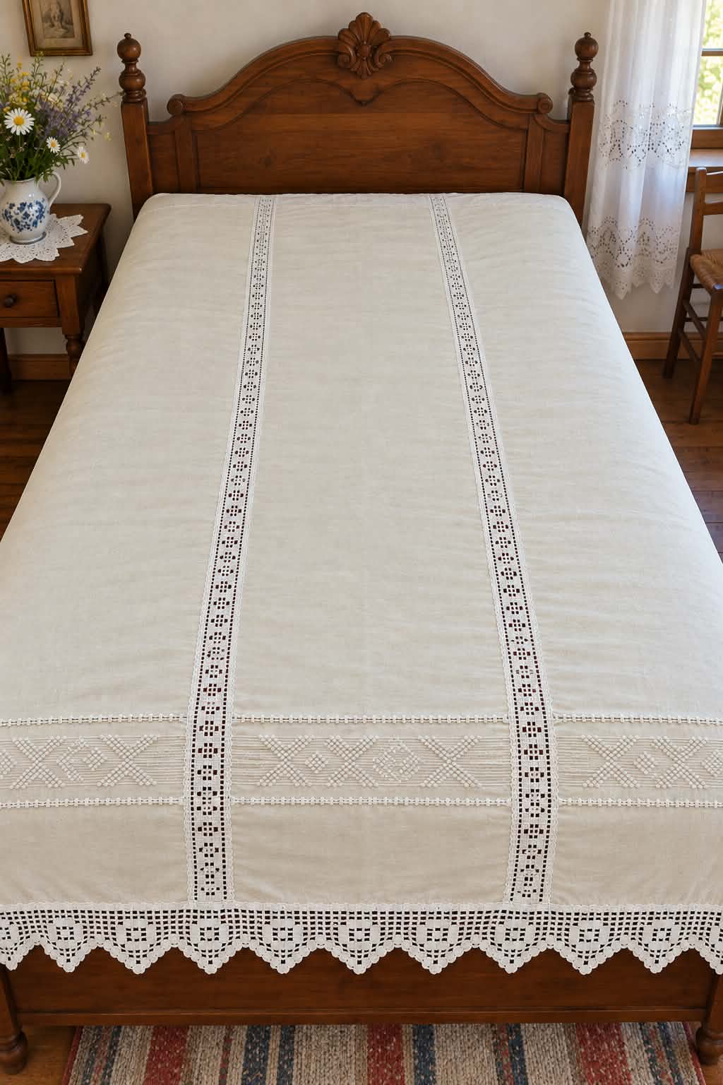 Early 20th Century Handworked Ecru Linen Bedspread .