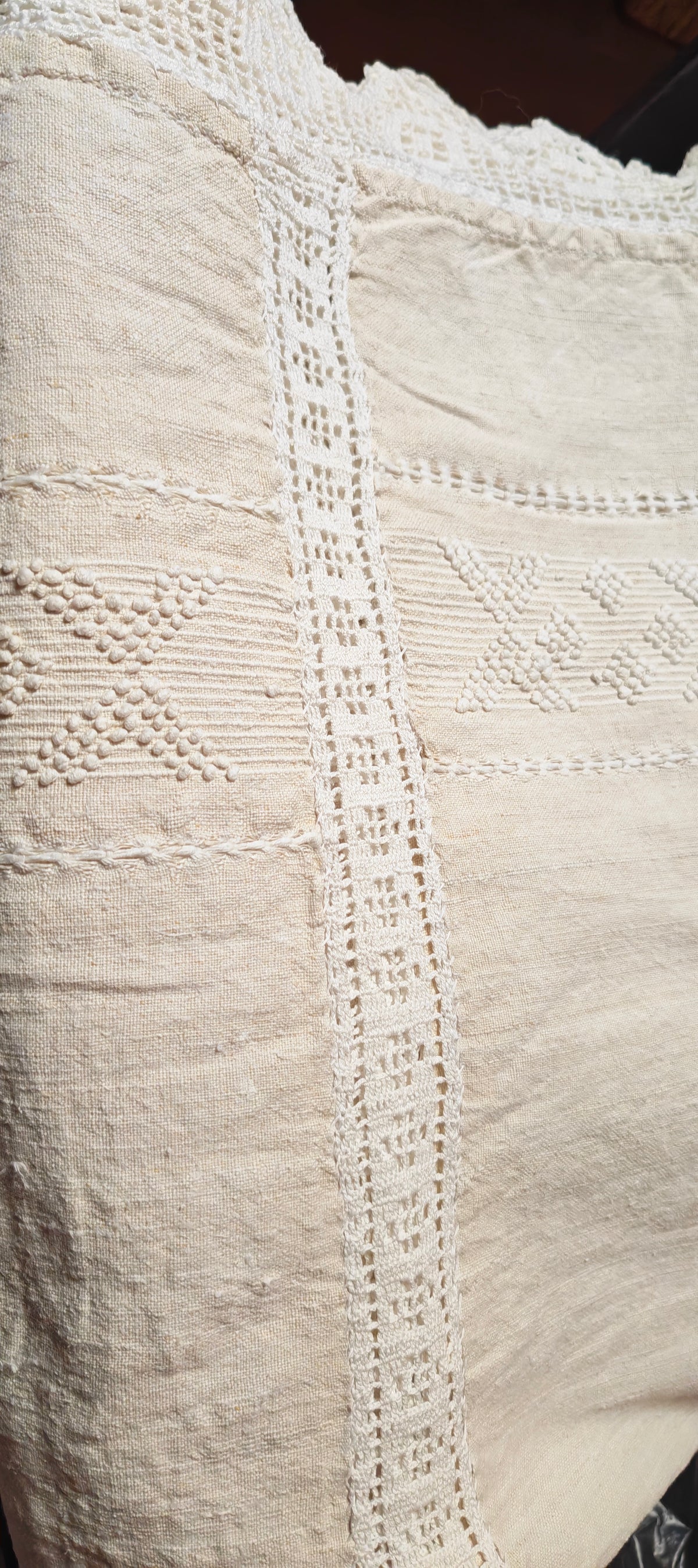 Early 20th Century Handworked Ecru Linen Bedspread .