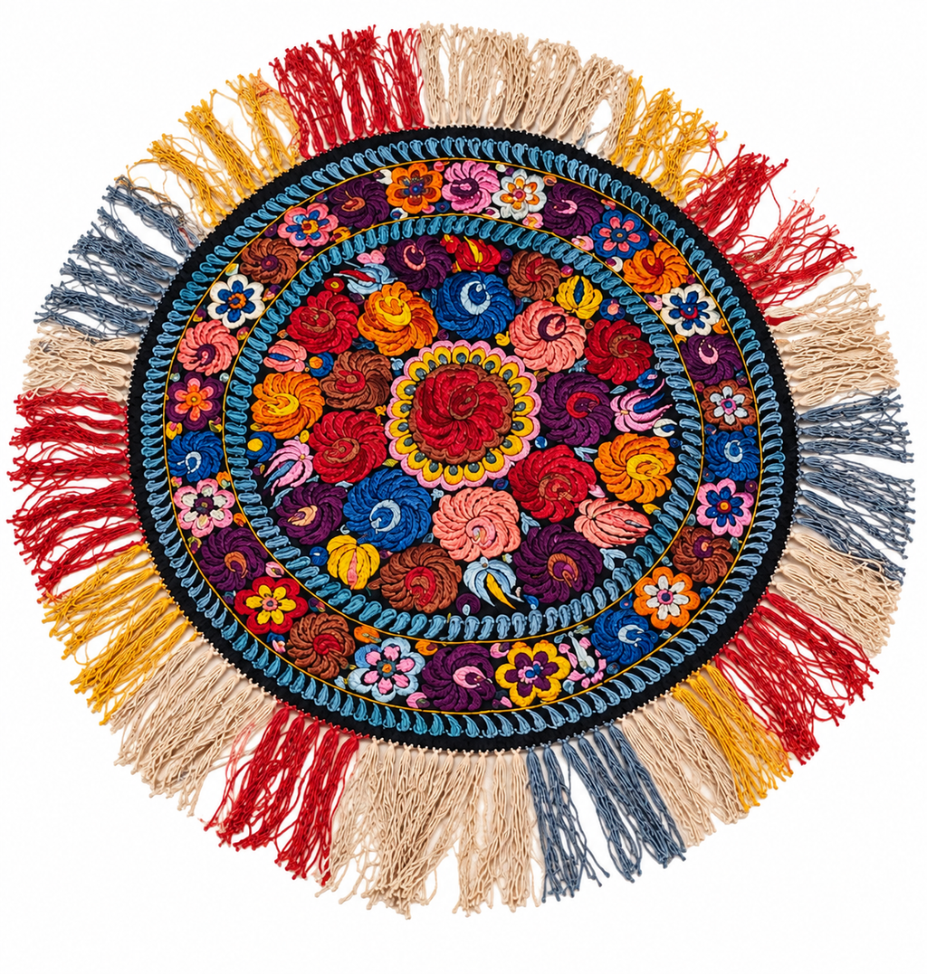 Vintage Hungarian Matyó Hand-Embroidered Round Tablecloth – 1960s