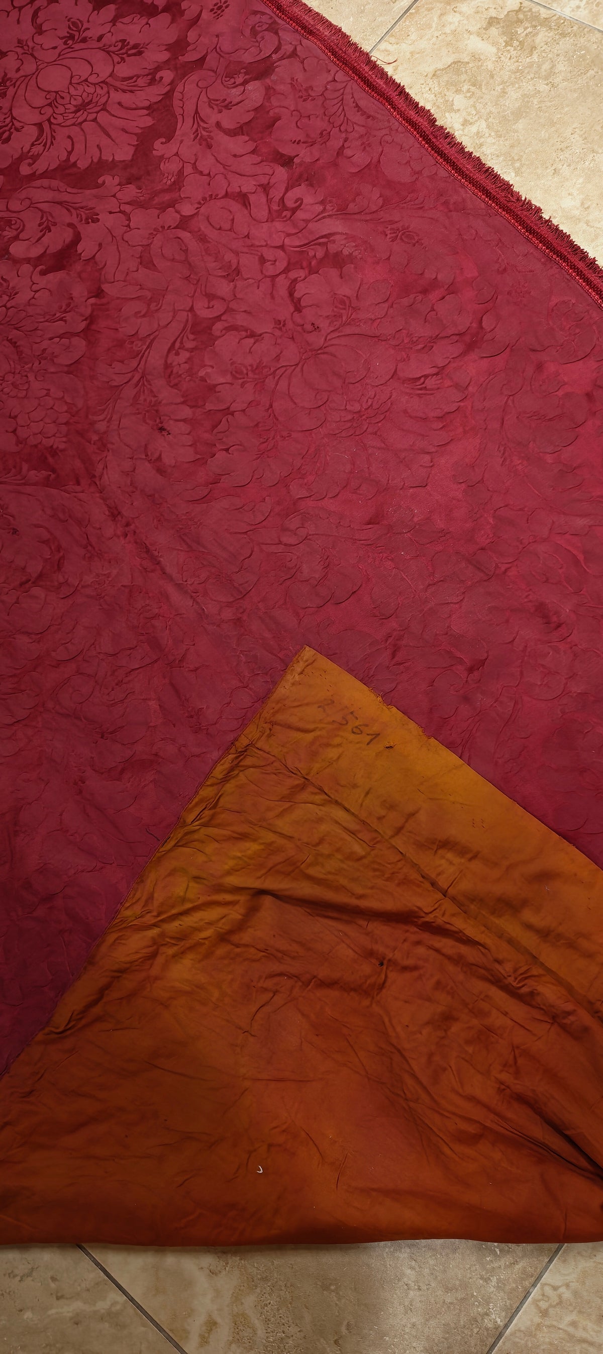 19th Century Antique Dark Raspberry Damask Jacquard Wall Tapestry.
