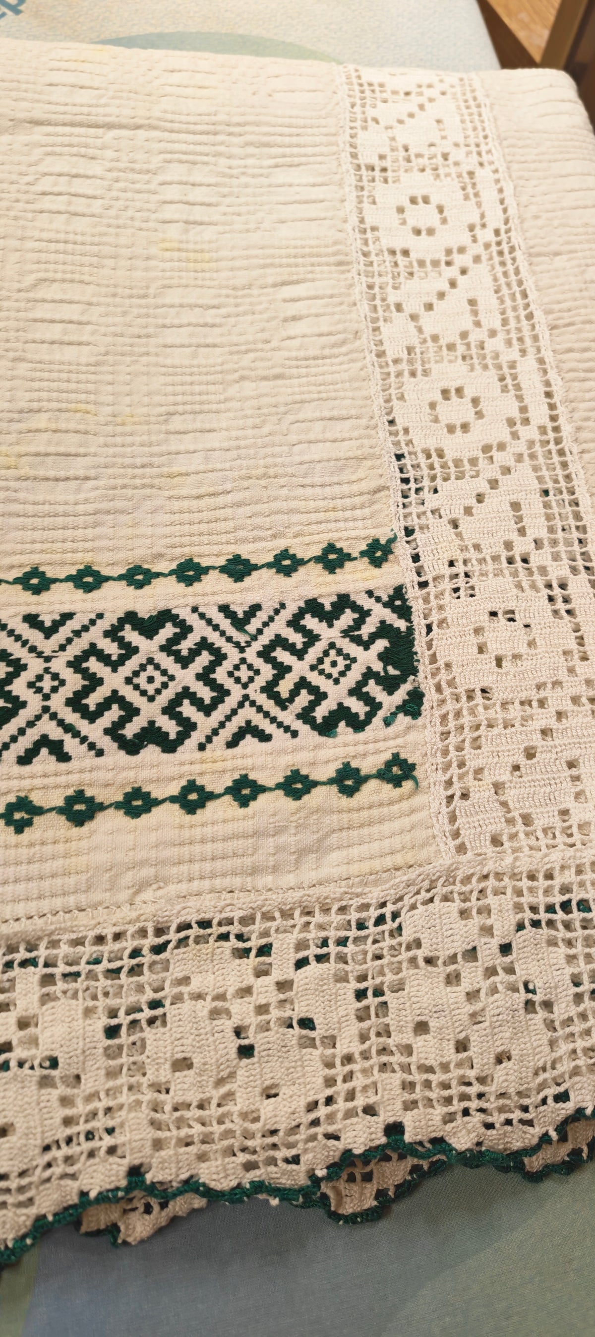 100-Year-Old Antique Transylvanian Hand-Embroidered Linen Textile – 195 × 154 cm.