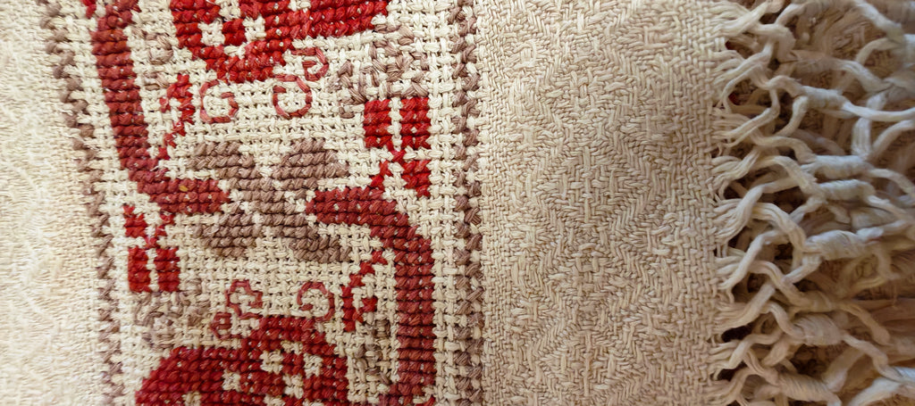 Antique Art Nouveau Handwoven Linen Damask Tablecloth .