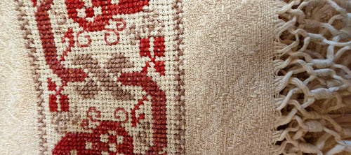 Antique Art Nouveau Handwoven Linen Damask Tablecloth .